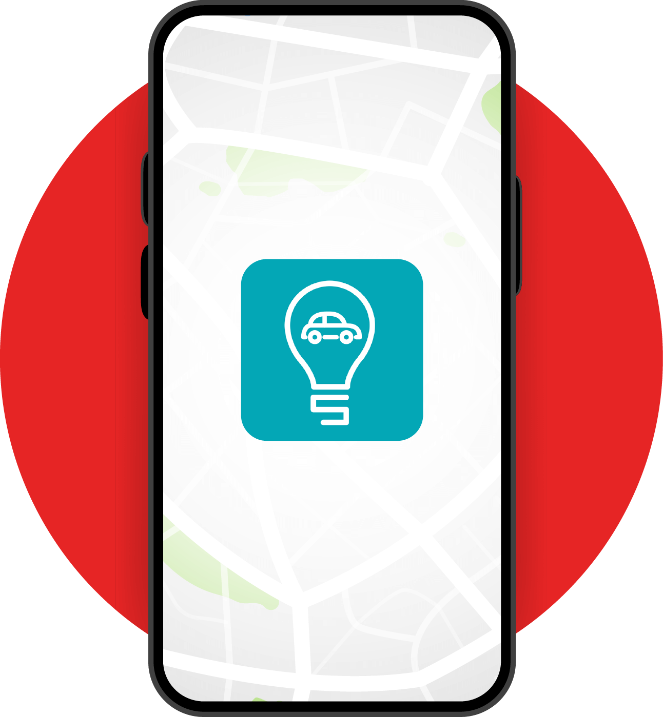 A graphic of a phone on a red cirle background, with a map in the background the screen and the Park Smarter app logo in the foreground.