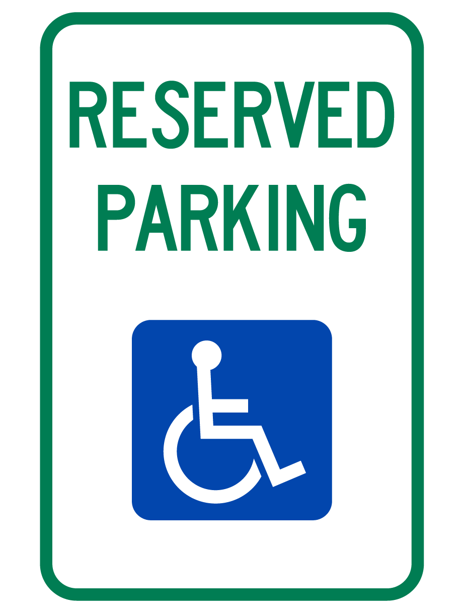 A white accessible parking sign that reads 'RESERVED PARKING', with a blue icon of a wheelchair user beneath.